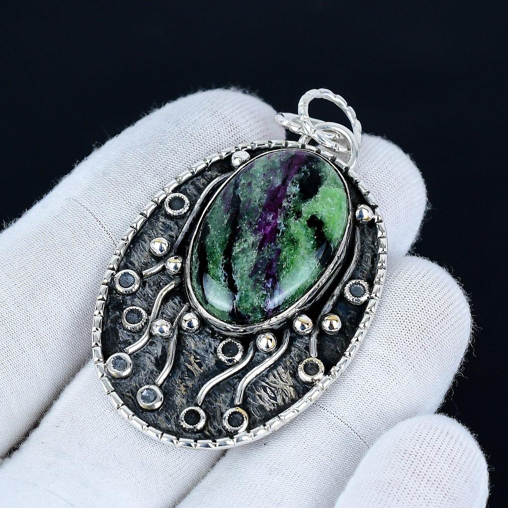 Pandantiv Zoisit cu Rubin, Bijuterii Handmade din Argint Sterling 925, Pandantiv din Argint cu Zoisit și Rubin, Bijuterii pentru Petrecere pentru Femei, Pandantiv Cadou de Crăciun