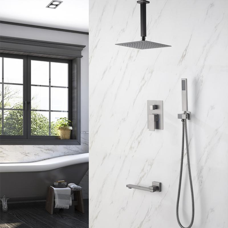Brass Wall Embed Mount Grey Color 1/2/3 Function Concealed Shower System 10 Inch Top Rain Spray Hand Shower Head Bathroom Faucet