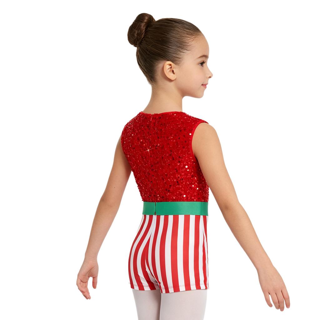 Kids Girls Christmas Party Jumpsuit Velvet Sequin Candy Cane Striped Color-block Sleeveless Back Zipper for Holiday Dress Up