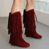 Boots Women Mid Calf With Heel Women'S Winter Chunky Heel Fringe Boots Inside Booster Mid Faux Leather Western Boots