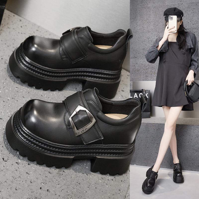 Platform-soled Loafers Women's 2025 Spring New Inner Height-increasing Women's Shoes Thick Heel and Thin One-pedal Metal Buckle Small Leather Shoes