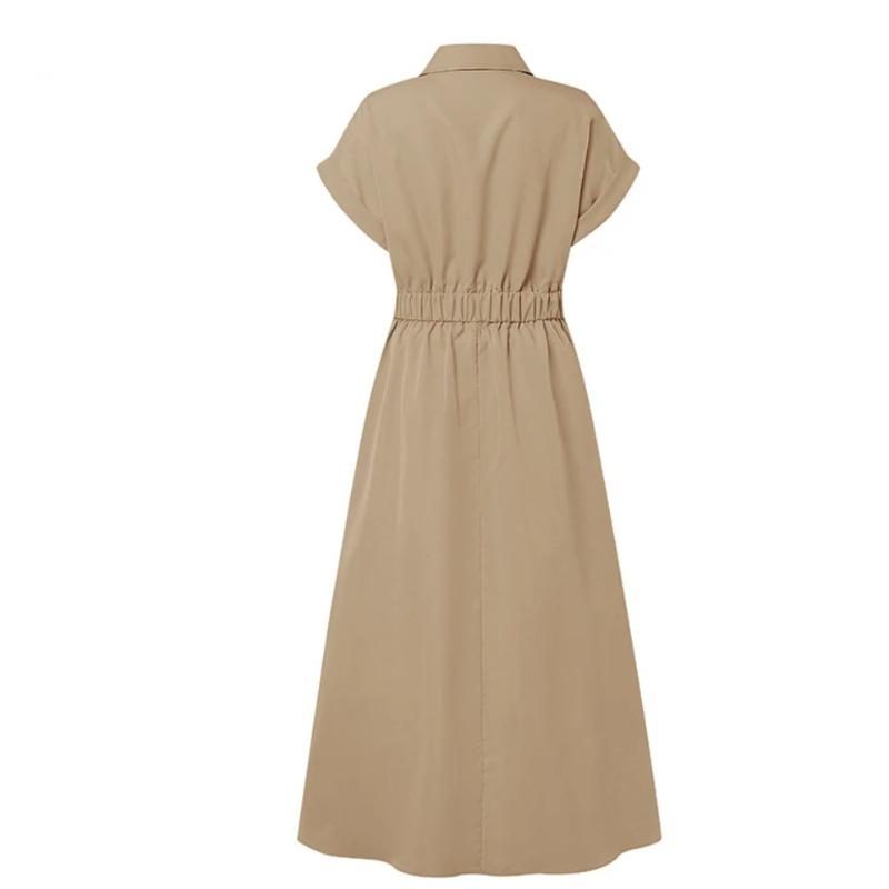 Women's Summer Long Dress Fashion Elegant Turn-down Collar Short Sleeve Casual Dress Women Solid Color A Line Elastic Waist Loose Female Dresses