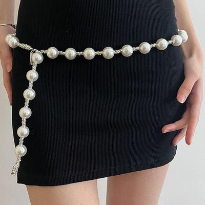New Imitation Pearls Waist Chain For Women Lady Shiny Rhinestone Adjustable Chain Belt Dress Coat Decorative Strap Accessories