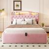 Upholstered bed 140 x 200 cm, hydraulic storage, velvet cover, LED headboard light, USB & USB-C charging, headboard storage, metal bed base, pink