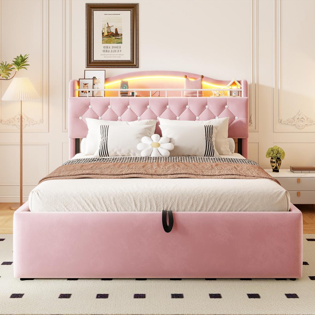 Upholstered bed 140 x 200 cm, hydraulic storage, velvet cover, LED headboard light, USB & USB-C charging, headboard storage, metal bed base, pink