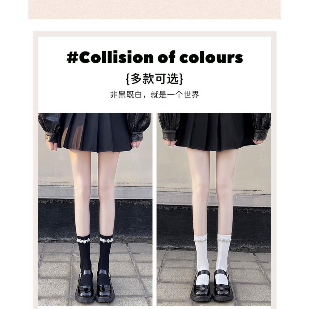 Black and White Calf Socks Pearl Solid Color Fairy Pearl Socks Loli Ins Tide Pure Cotton Jk Medium Tube Socks Spring and Autumn