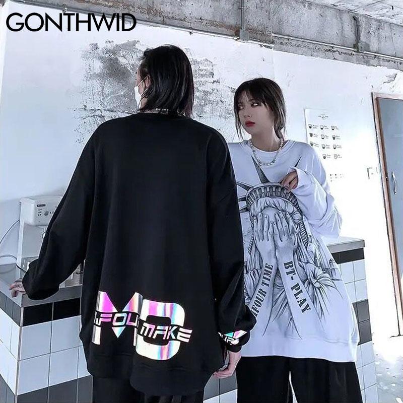 Buy Hip Hop Streetwear Liberty God Print 3M Reflective Sweatshirts