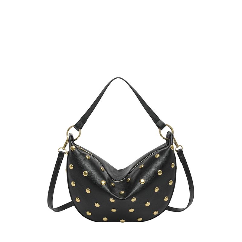 Ethos Shoes Fashi Effen PU Vintage Klinknagels Studded Hobo Tas Retro Streetwear Veelzijdige Onderarmtassen Leer Maanvormige Dames Crossbody Tassen zwart
