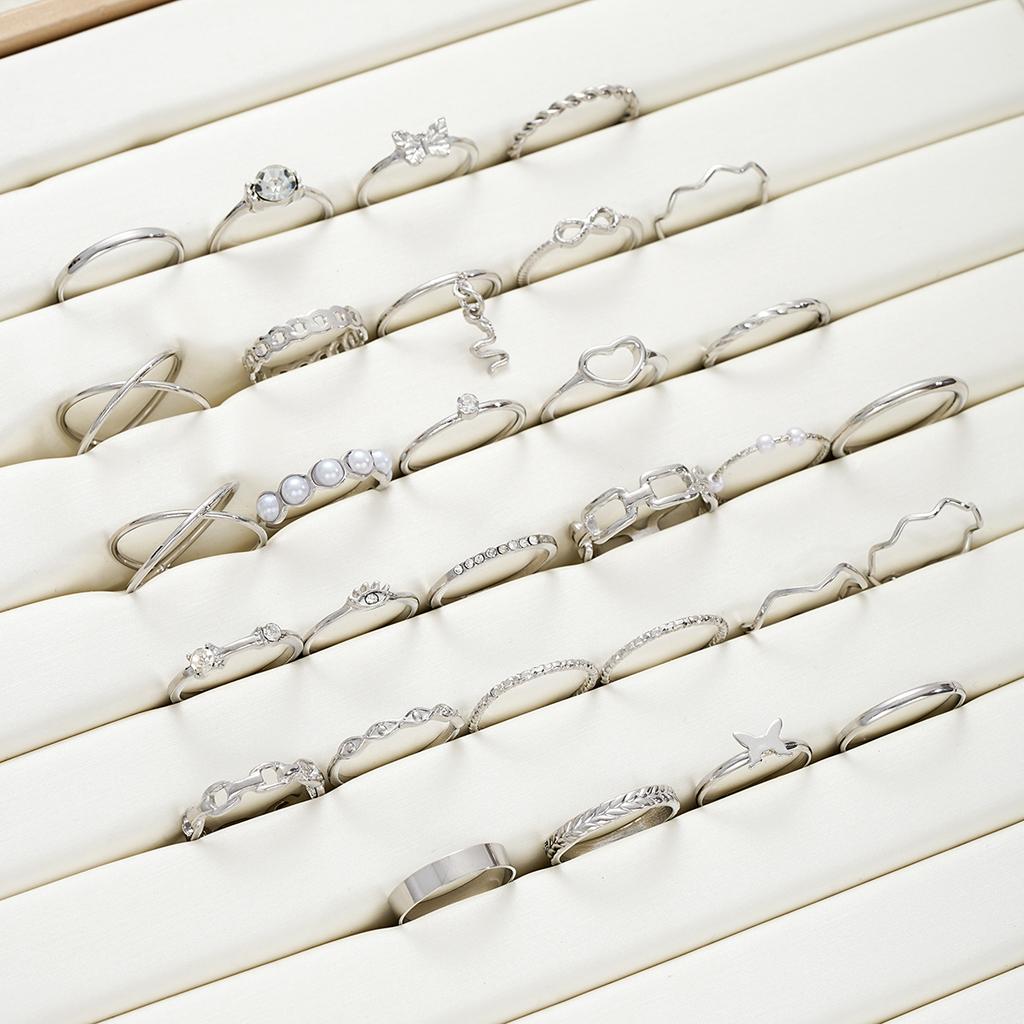 30 PCS Silver Color Geometric Ring Set For Women Vintage Heart Eye Cross Sun And Moon Leaf Charm Finger Ring Female Boho Jewelry