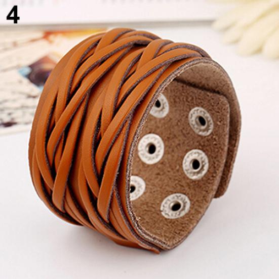 Women Men Punk Style Cool Leather Bangle Knitting Wide Cuff Handmade Bracelet