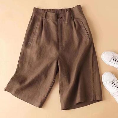 Anzug-Shorts aus Baumwollleinen für Damen, elastischer Bund, hohe Taille, gerades weites Bein, A-Linie, Arbeitsshorts, lässige kurze Hose