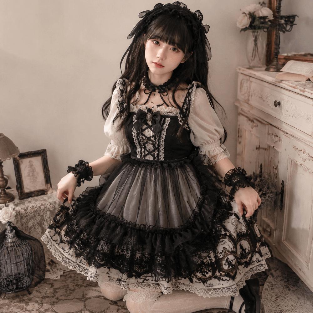 White Black Lolita Short Shawl Lace Mesh Lolita Skirt Versatile French Style Smock  Women