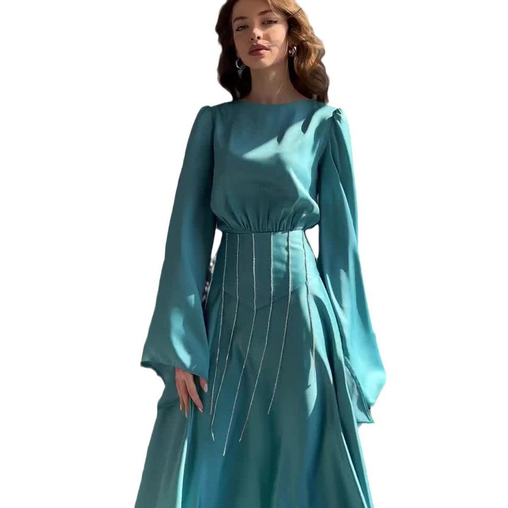 2023 Autumn Rhinestone Inset Lace-up Flared Sleeve Slimming Socialite Dress