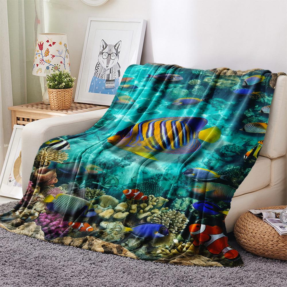 1PC Marine Animals  Print FlAannel Blanket, High Quality Comfortable for All Seasons, Home Decor, Warmth and Comfort