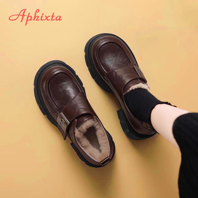 Fashion Aphixta Brown Long Plush Warm Ankle Boots Furry Buckle Fashion Women Boots Slip On Black Winter Shoes Botas Mujer Botines