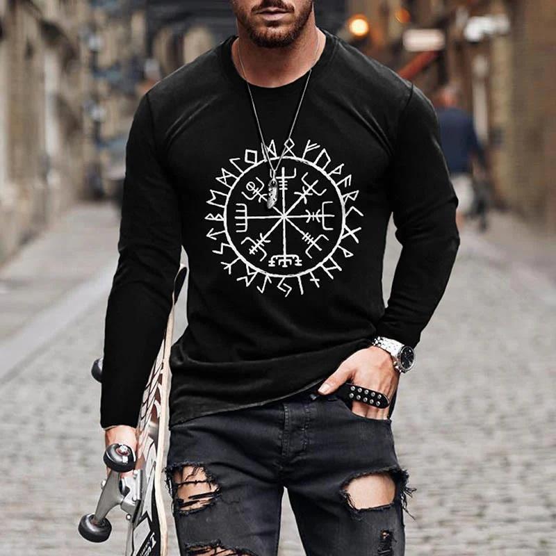 Men's Retro Viking Norse Mythology Totem 3D Printed Casual T-shirts Round Neck Fashionable Long Sleeved T-shirts