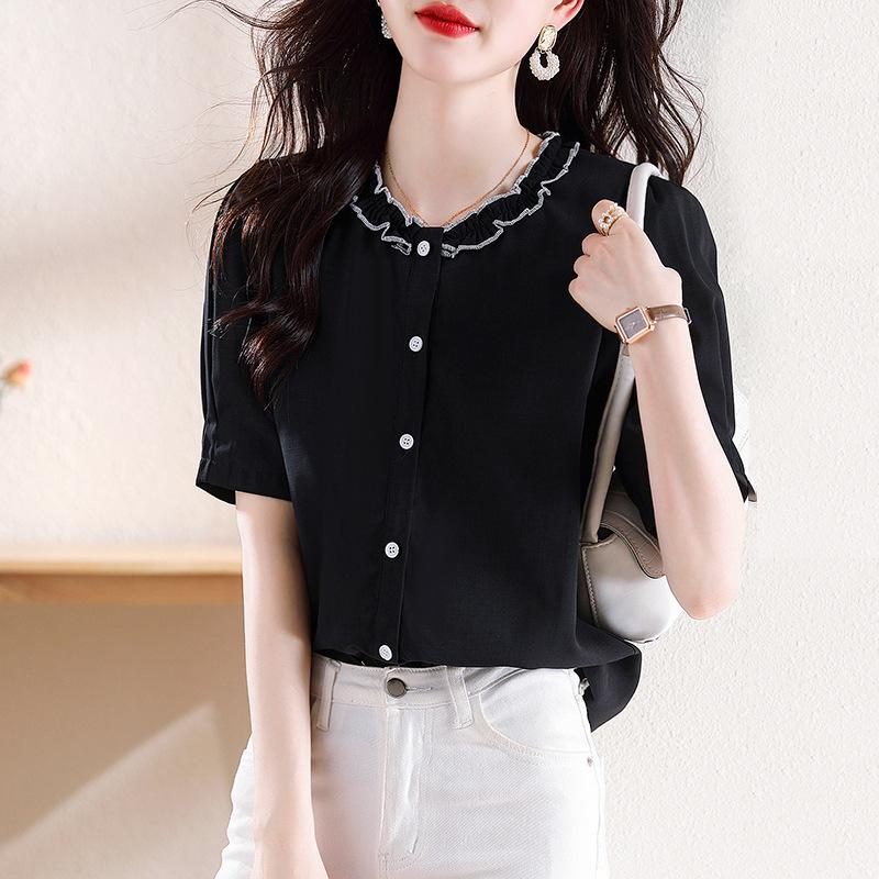 Summer Casual Versatile Top Slimming Lace Black Fungus Collar Short Sleeved Chiffon Shirt for Women Blouses & Shirts