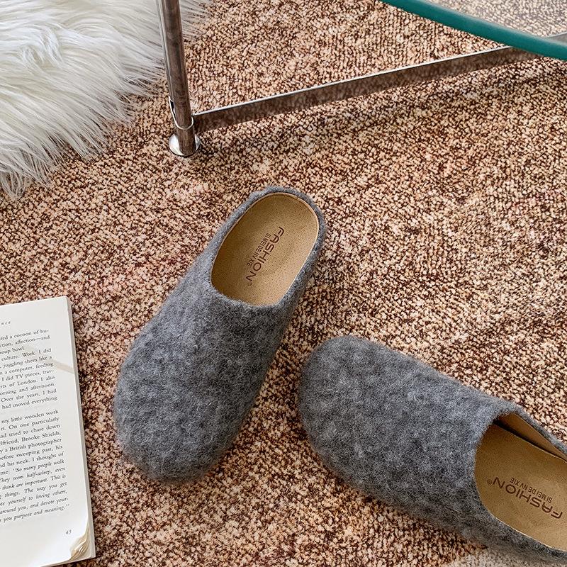Niche design sense late evening wind gray felt Boken shoes lazy one pedal casual thick-soled bag head half slippers women
