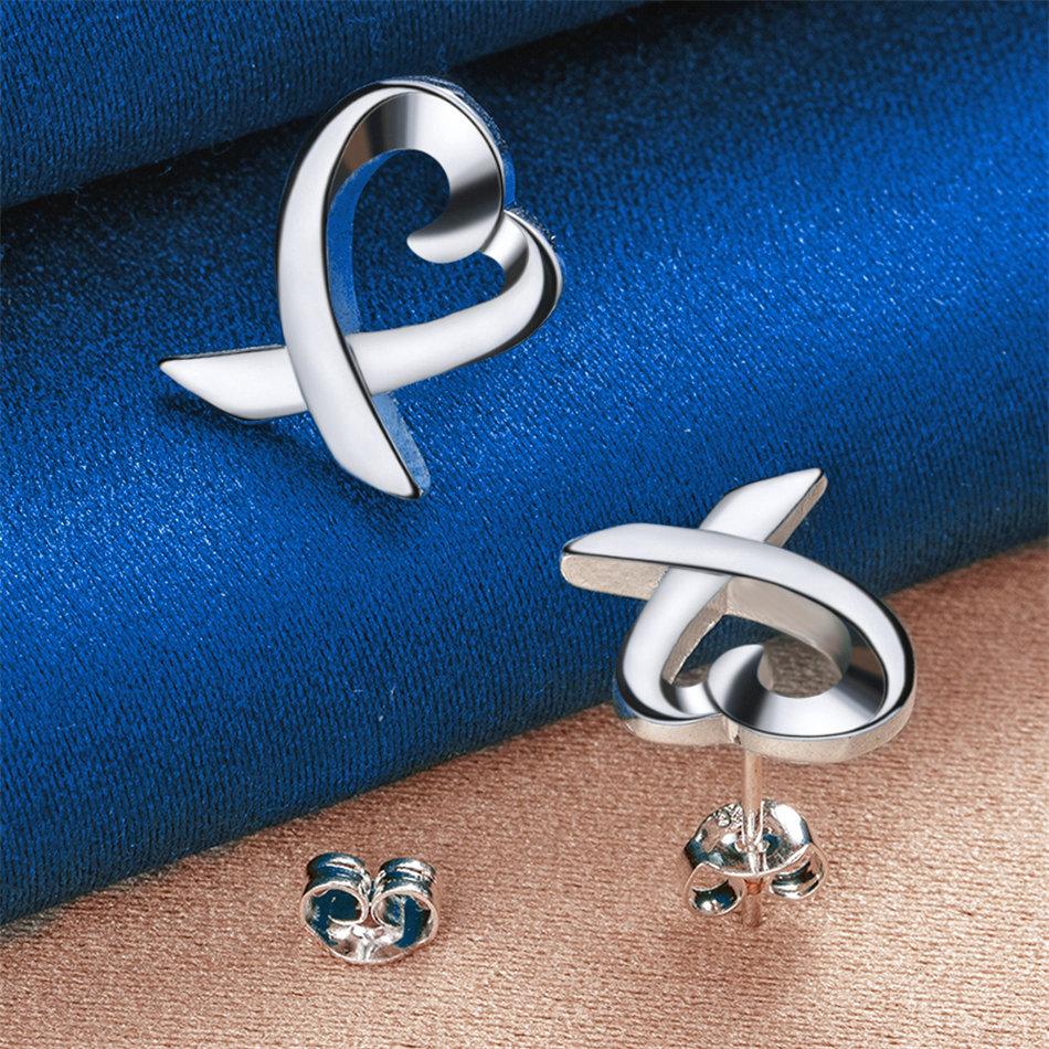 Elegant 925 Sterling Silver Luxurious Ribbon Love Stud Earrings for Women Fashion Wedding Party Gifts Jewelry