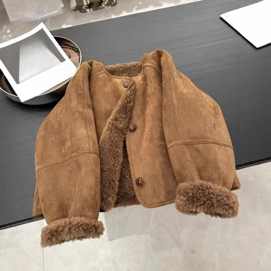 Fur One-piece Thickened Lamb Wool Suede Brown Jacket Jacket Women's Winter Small Man Wear Top