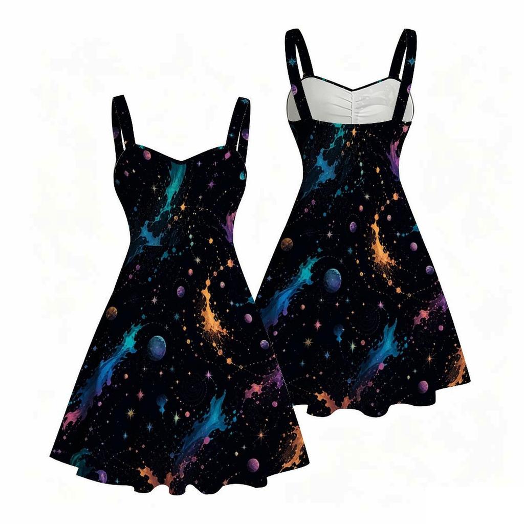 Women Plus Size Off Shoulder Sleeveless Strappy Dress Black Galaxy Printed Fitted Waist Flared Hem
