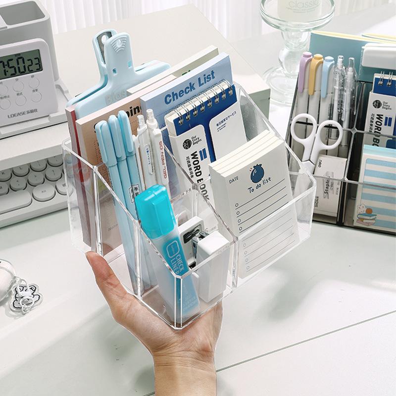 Transparent Acrylic Makeup Organizer Box Pen Holder Desktop Stationery Storage Box Multifunctional Student Office Organizing Box