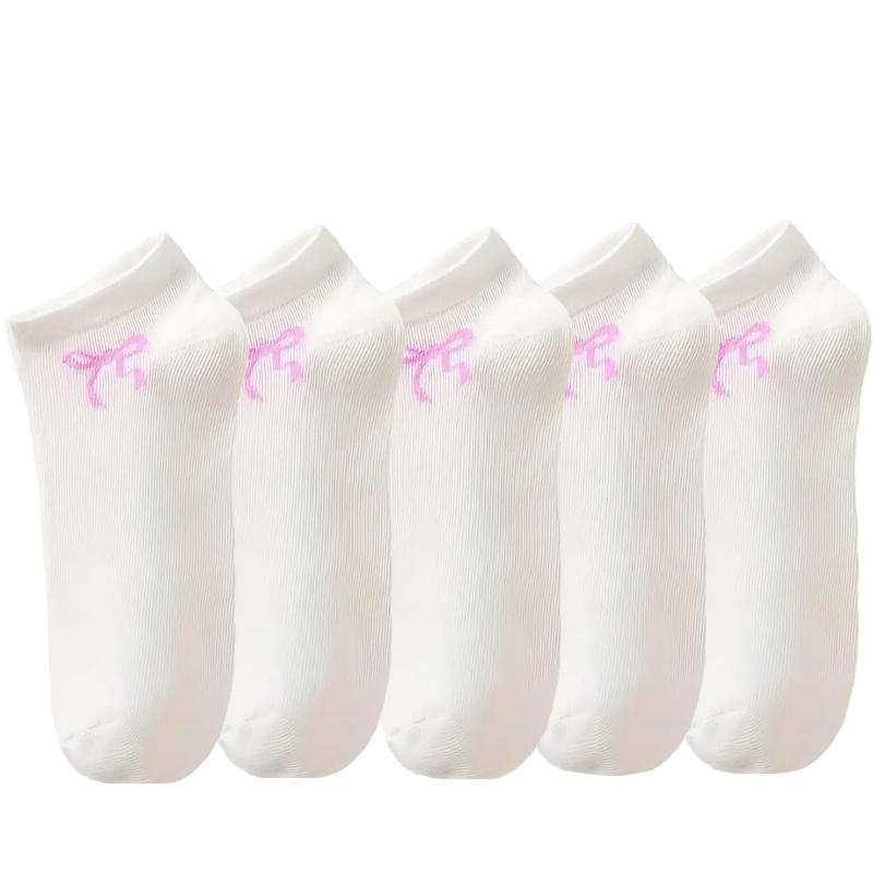 

5pairs Women s Cute Pink Bow Printed Black White Grey Socks Spring Summer Sweat Absorbing Breathable Soft Low Cute Casual Socks One Size белый