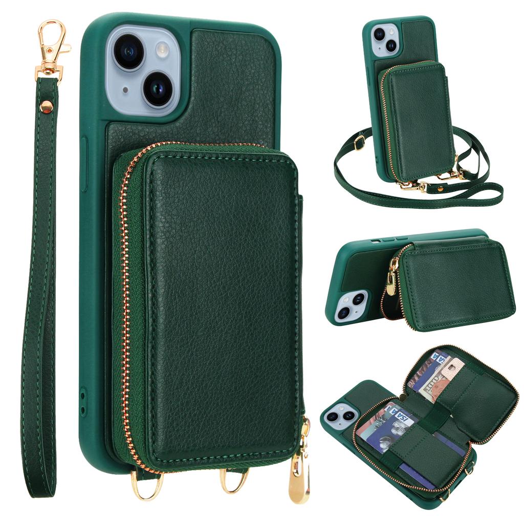 For iPhone 14/13 Case RFID Blocking Zipper Wallet Leather + TPU Phone Cover with Shoulder Strap