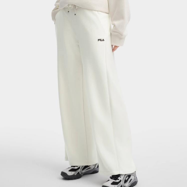 Fila Logo Print Solid Color Outdoor Casual Loose Fit Wide Leg Knit Sports Pants Women bottoms Steam-White F11W439608FIV