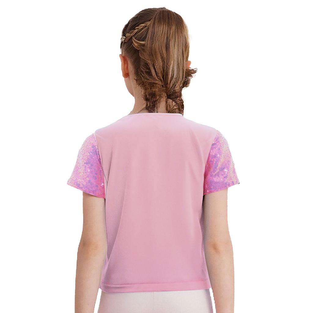Girls Shiny Sequins Round Neck Short Sleeve T Shirt Cheerleading Dance Performance Stage Party Top