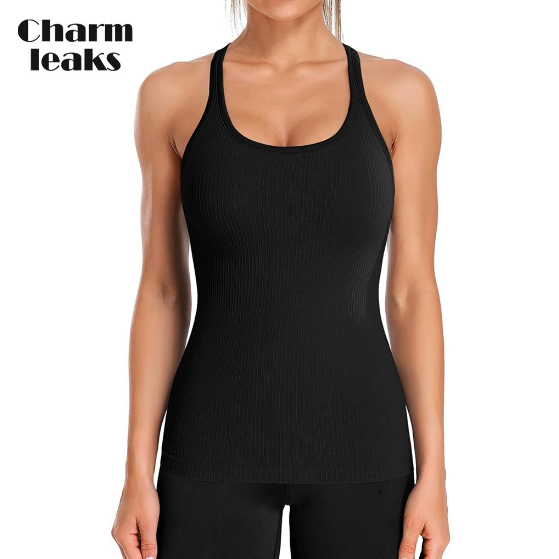 

Женские майки для тренировок в рубчик Charmleaks со встроенным бюстгальтером, облегающий спортивный топ с круглым вырезом и вырезом-борцовкой L чёрный