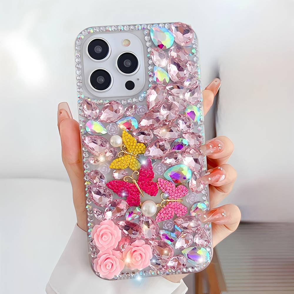 

Glitter Bling Rhinestone Butterfly Rose Phone Case For OPPO Realme P3 Pro Ultra P3X P1 5G Realme P1 розовый