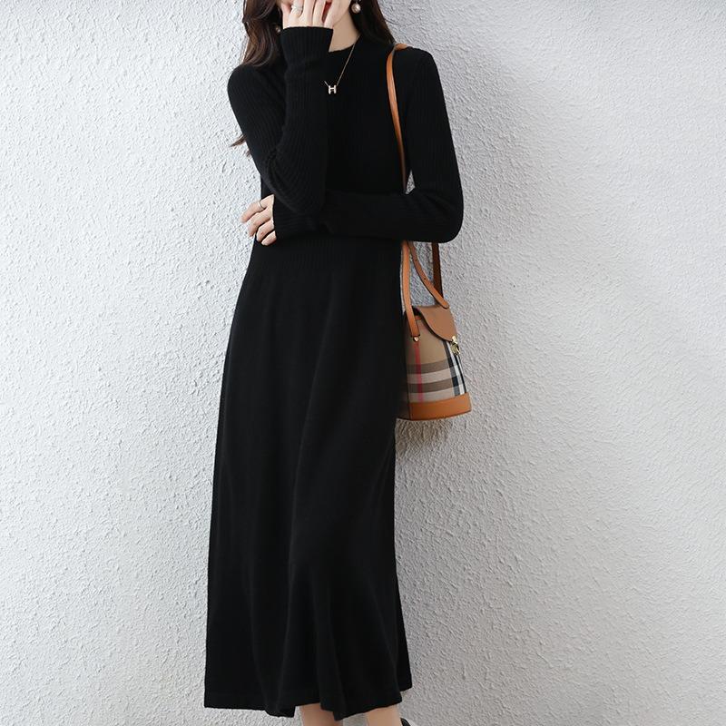 Autumn and winter knitted bottoming sweater skirt women's super long slim slim slim pullover long dress covering the stomach long sleeve dress