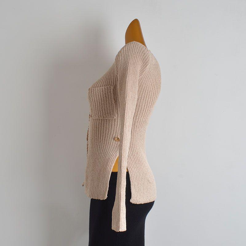 Spring & Fall New Arrival Pure Color V-neck Double-Breasted Stylish Side Buckle Knitting Cardigan Women's Clothes Silm Slimming Long Sleeve Top