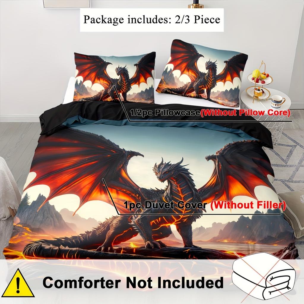 Livfullt drake-bäddset: 3D-printad drakdesign, Mjuk och bekväm, Lämplig för tvilling-, full-, queen- och king-storlekar