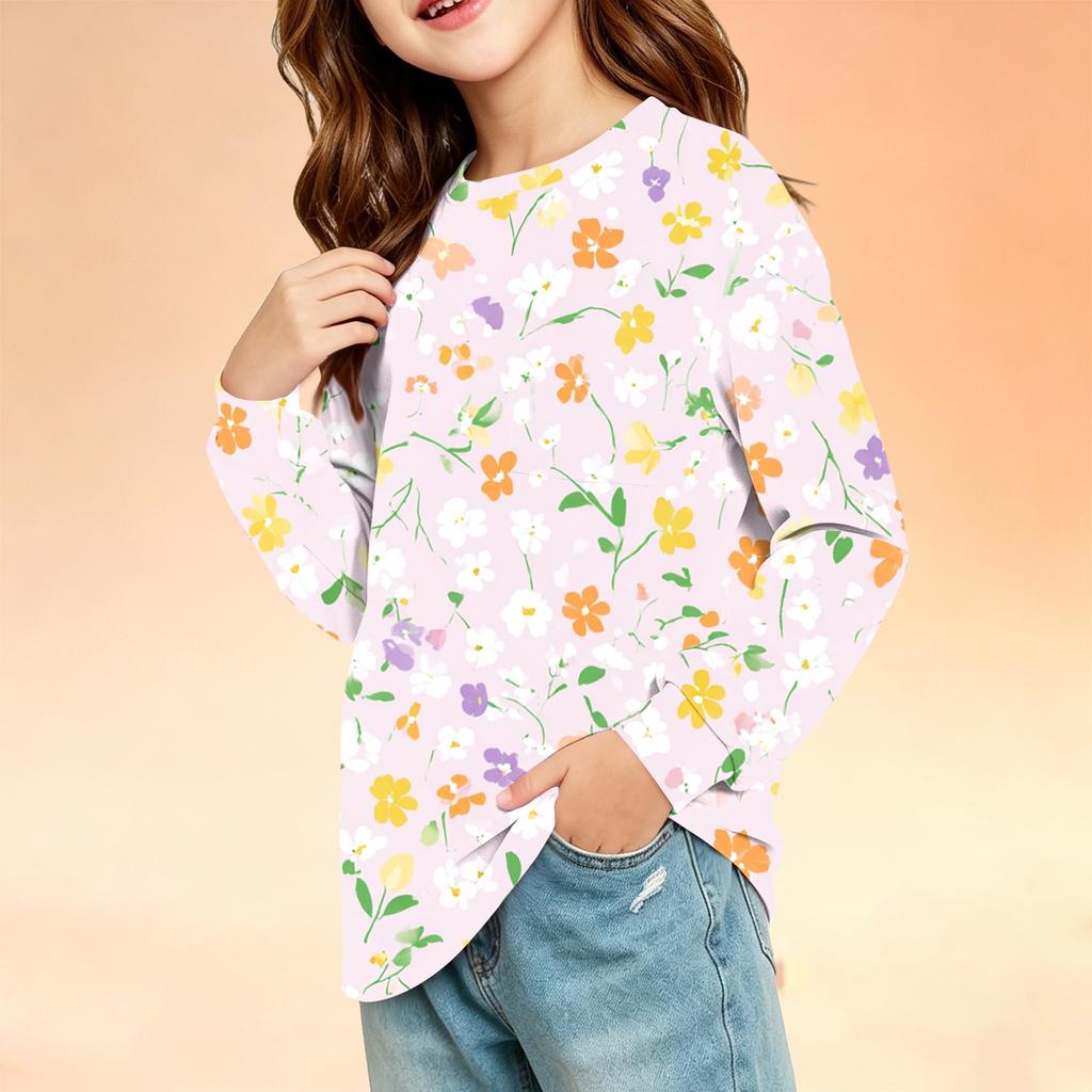Kids Long Sleeve Printed Round Neck T-Shirt with Pocket Casual Top