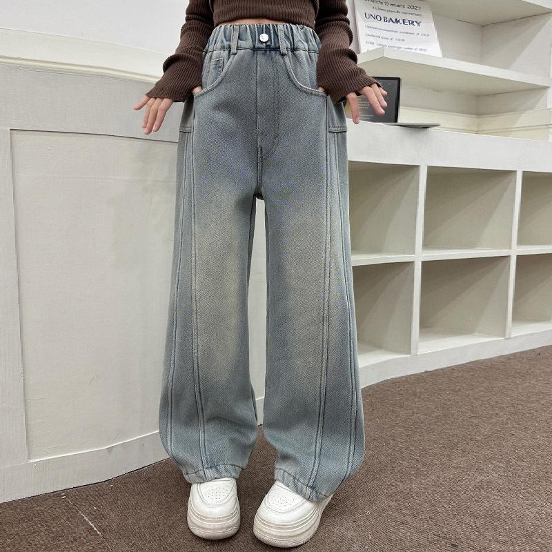 

2025 Girls Patchwork Wide-Leg Jeans 160cm