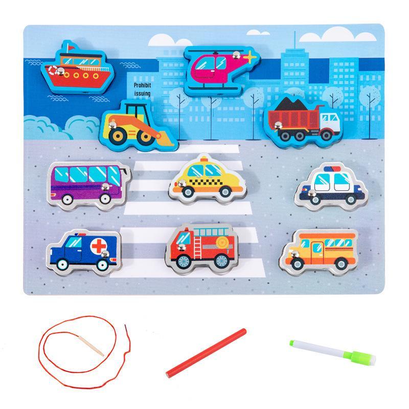 Children's Double-Sided Wooden Activity Board: Matching, Stringing, Drawing, Beading, and Fishing Educational Toy