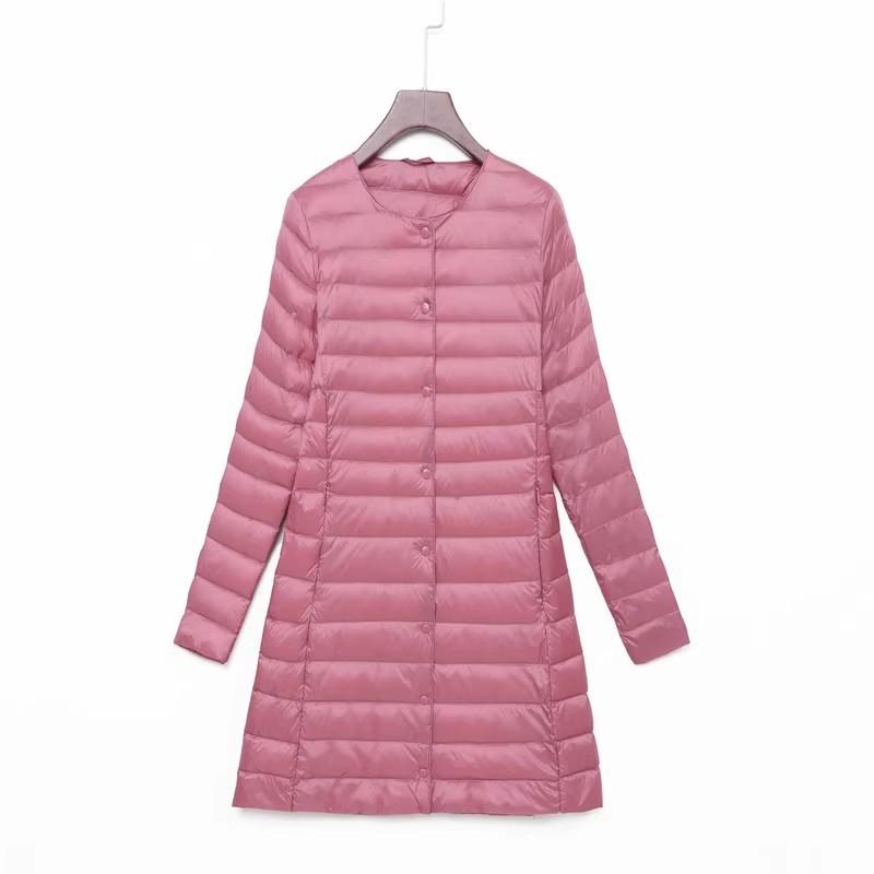 New down jacket women's light, medium and long fashion and thin white duck down button-down round neck warm jacket