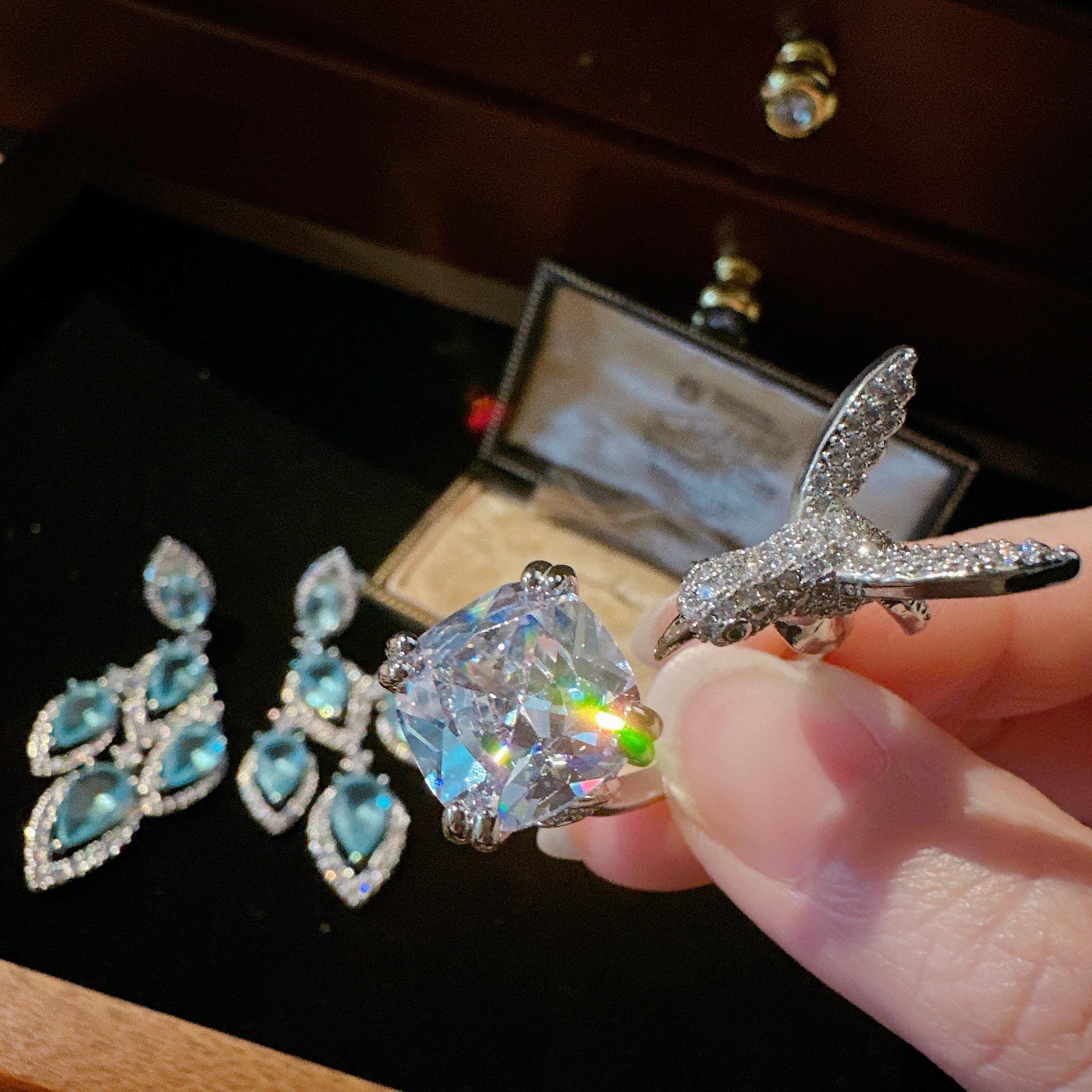 Court Iris Gemstone Earrings Vintage Plated 18K Gold, Bird Square Zircon Ring, Combination