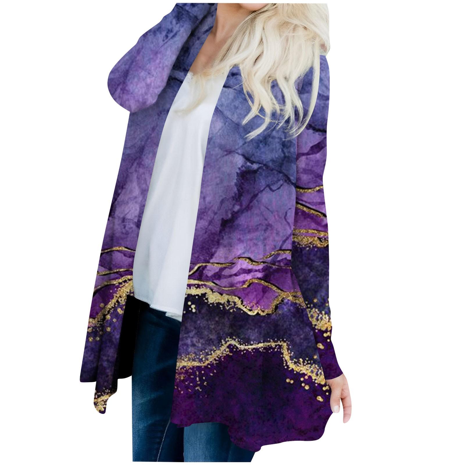 

Женская мода свободный повседневный карман средней длины с принтом длинный рукав кардиган куртка топы XL фиолетовый