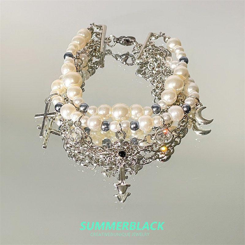 

European and American Cross Pearl Multi-Layer Bracelet Women Ins Accessible Luxury Special-Interest Design Exquisite Fancy Bracelet Bracelet Pearl Cross Bracelet