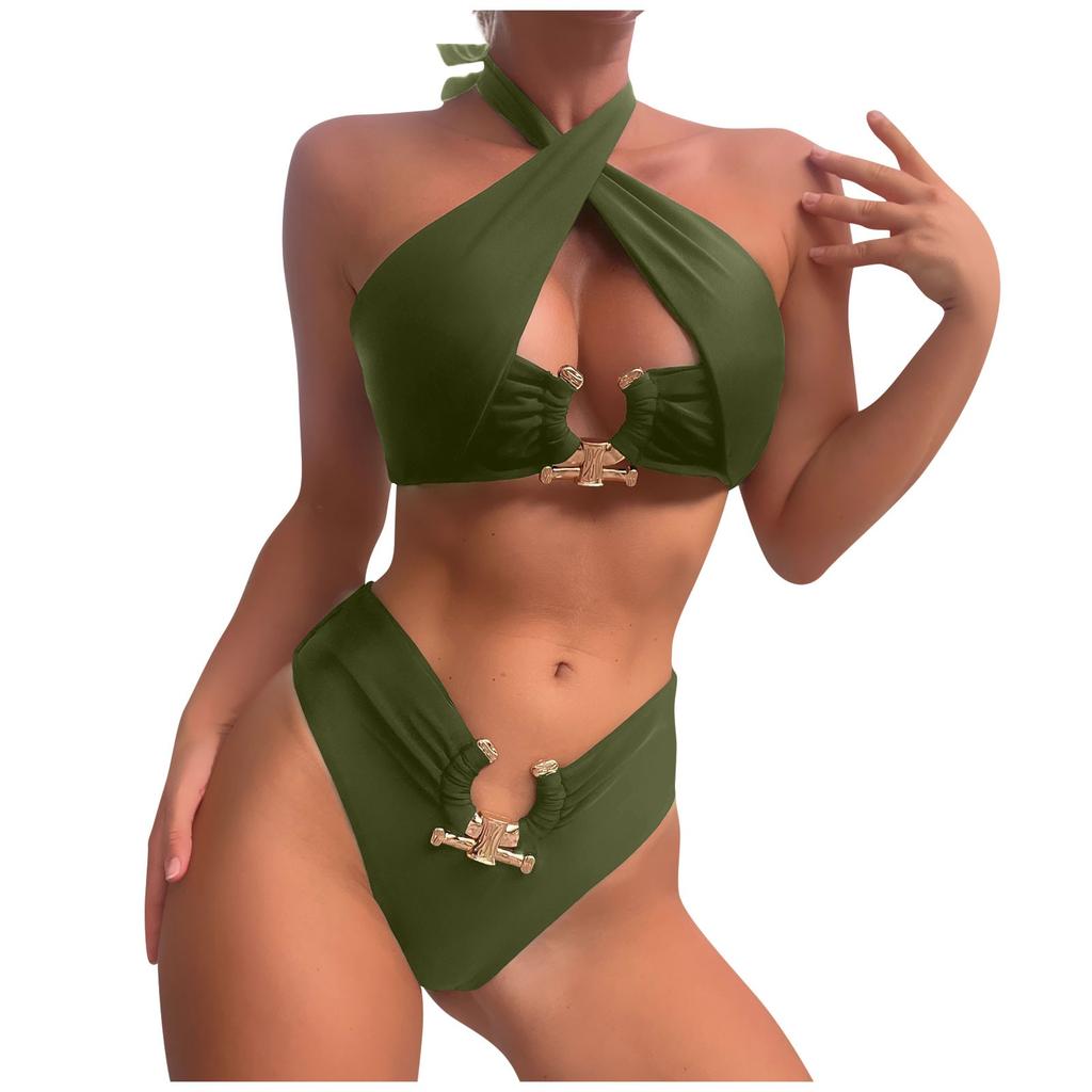 Women's Split Neck High Waist Sexy Hollow Back Bikini Swimsuit