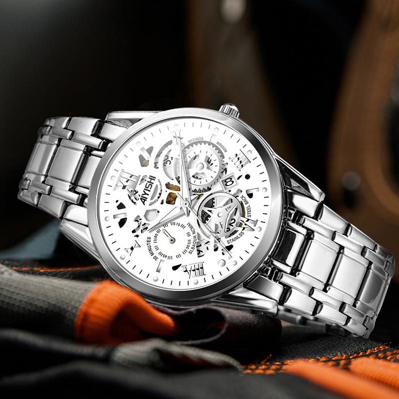 Men's Stainless Steel Waterproof Quartz Watch, Fully Automatic, Luminous, with Calendar and Steel Band