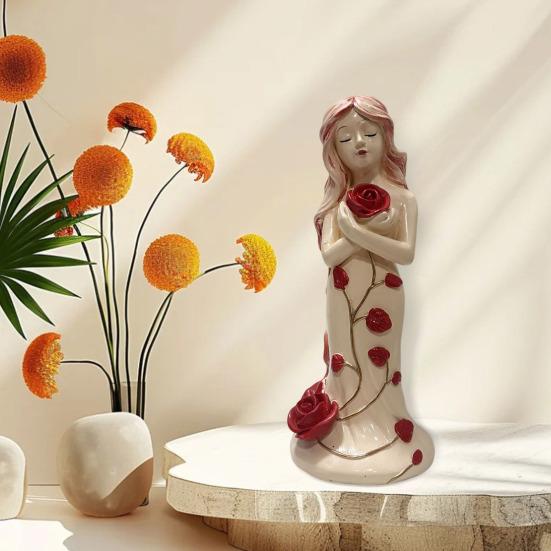 Hugging Rose Goddess Statue Resin Red Rose Girl Figurine Sculpture Home Office Desktop Bookshelf Decoration Ornament