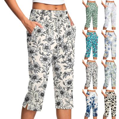 Pantaloni de damă vintage cu imprimeu floral, buzunar cu nasture, crăpătură, talie înaltă, pantaloni sport, yoga, casual