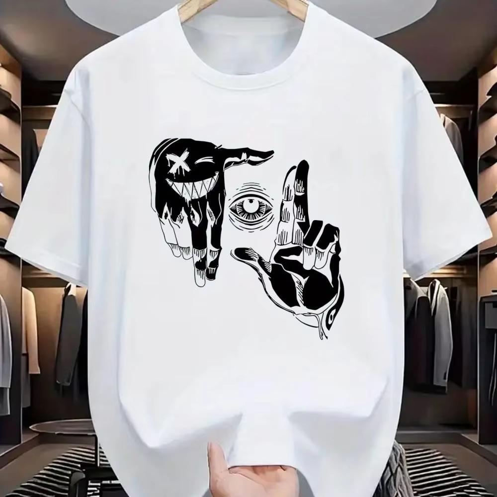 2026 Summer Mens Polyester Casual Breathable Round Neck Tshirt with Gesture Eye Personalized Pattern Printed Outdoor Top