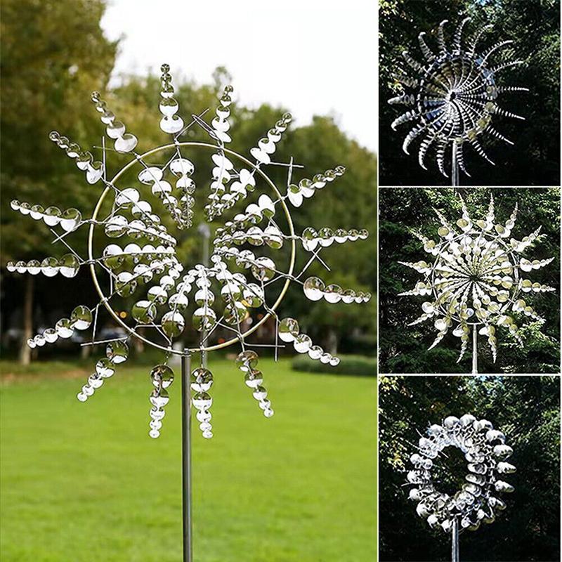 Kinetische Windmühlenskulpturen aus Metall, einzigartiger und magischer windbetriebener Spinnergarten