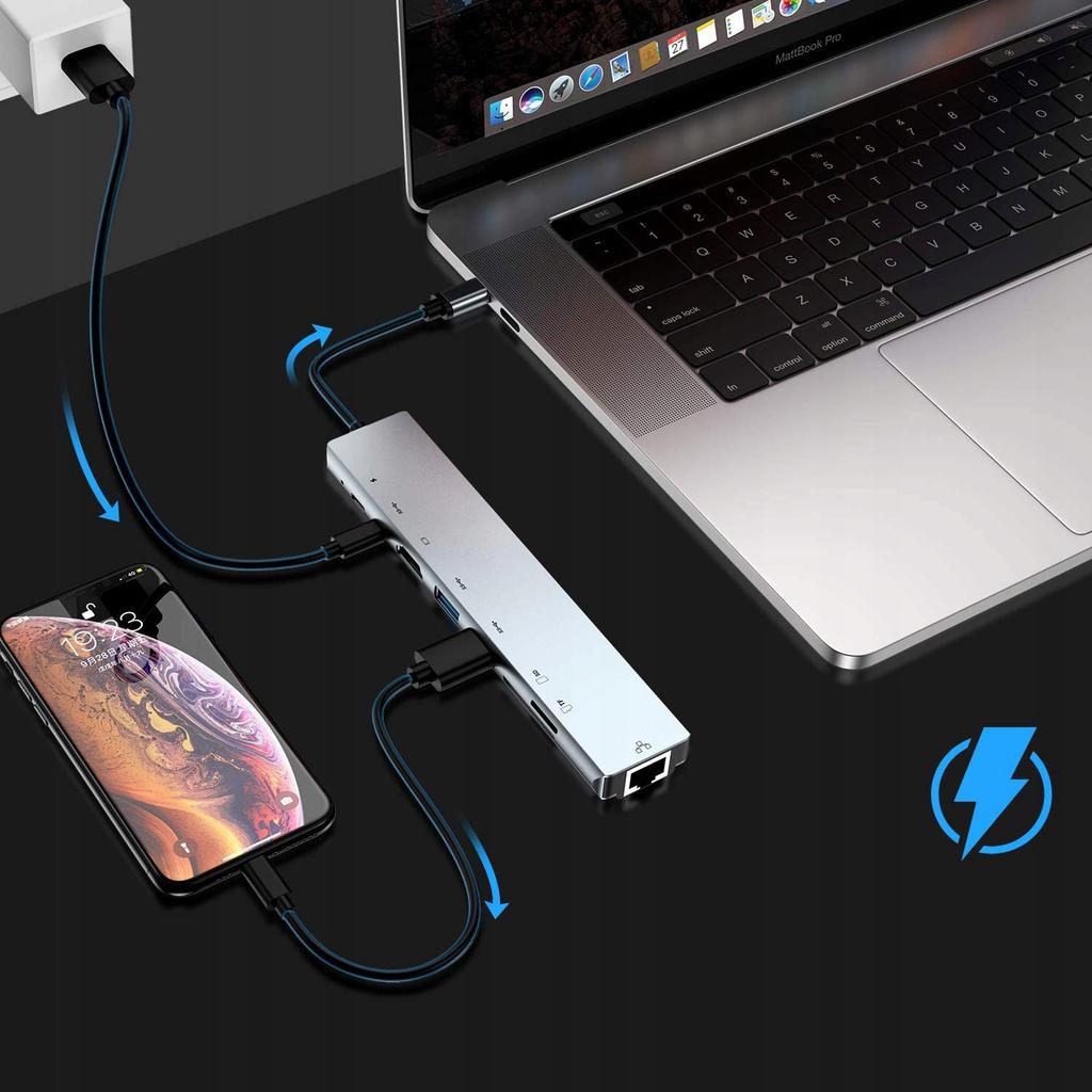 מתאם רכזת USB-C 8 ב-1 RJ45 100Mb/s HDMI 4k USB 3.0 עבור Windows/Mac/Steam