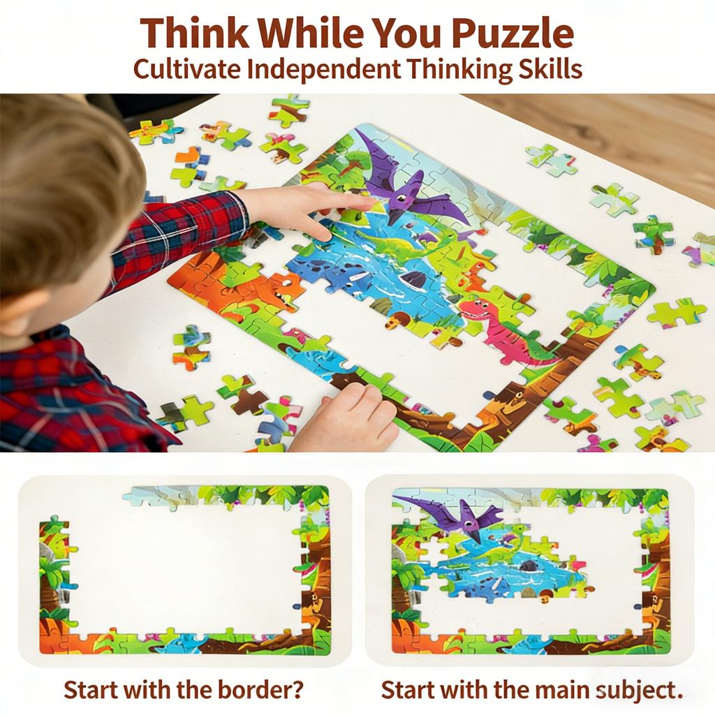 Dinosaur World Puzzle 90 Pieces, Educational Toy for Kids Ages 3-5, Logic & Concentration Game with Storage Bucket